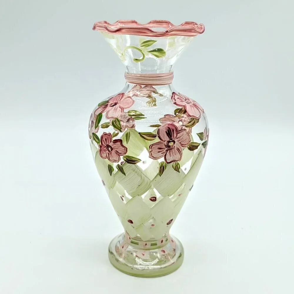 Tracy Porter Hand-Painted Green Pink Floral Glass Bud Vase